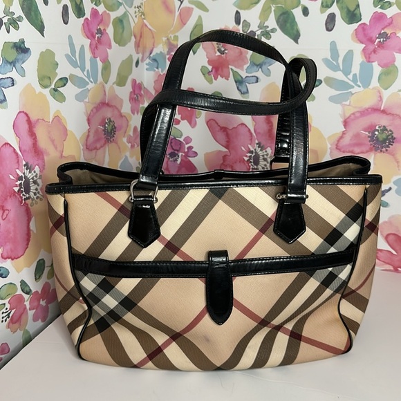 💯Authentic  BURBERRY HAYMARKET CHECK TOTE BAG LEATHER  HANDBAGS WOMEN🍀 - Picture 1 of 17